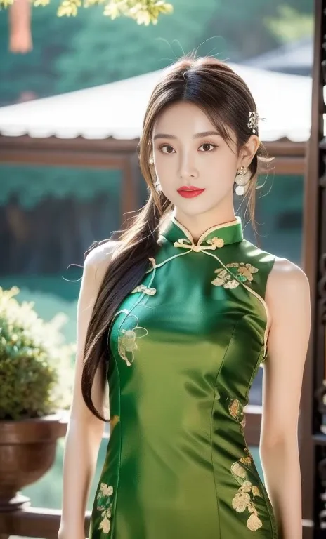 {1girl, gorgeous woman in traditional chinese dress, qipao, floral patterns, long flowing black hair, jade hairpin, delicate ear...