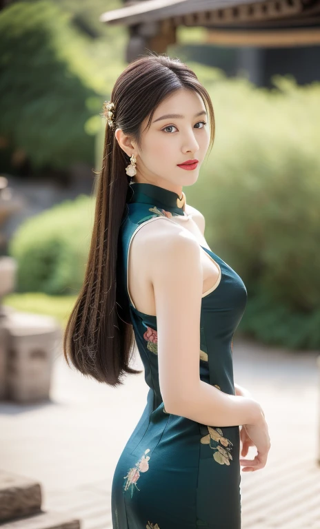 {1girl, gorgeous woman in traditional chinese dress, qipao, floral patterns, long flowing black hair, jade hairpin, delicate ear...