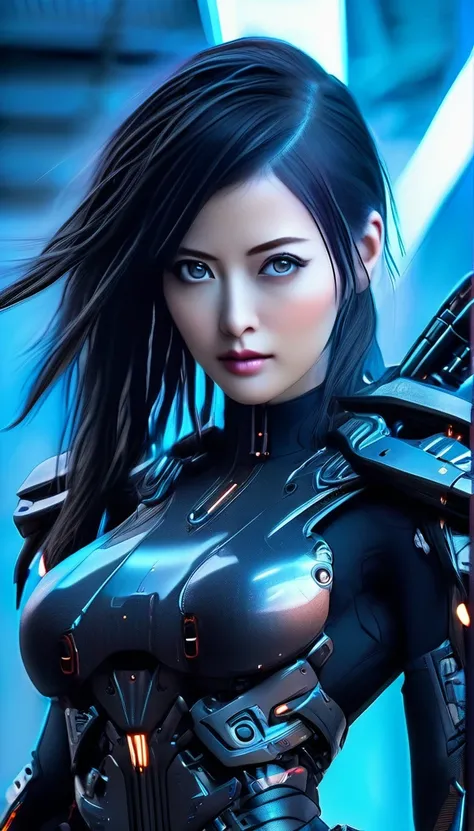 A woman wearing cyber armor, (((She is holding a beam rifle gun in her hand))), Cyberpunk Android，Full body photo, Superior quality through precise drawings, 8k,Sparkling blue eyes,  High resolution, 超High resolution, Best Quality, Shortcuts, Cinematic Lig...