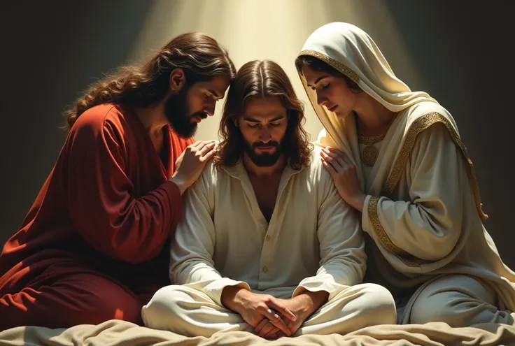 High resolution, masterpiece, high quality, a man sitting on the bed crying and depressed and on the left side is Jesus Christ comforting and welcoming him and on his right side is the Blessed Virgin Mary comforting and welcoming him, Beautiful image, expr...