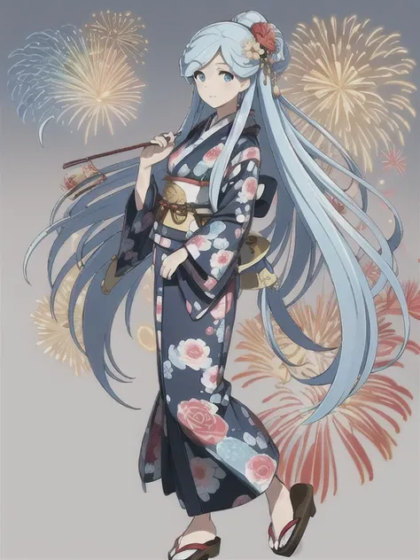 (((Best quality))),((Ultra-detailed)),((illustration)),((Disheveled hair)),((frilld)),(1 girl),(Solo),
1girl,Aqua blue hair,blue eyes,aerial fireworks,blue kimono,candy apple,closed mouth,earrings,fireworks,floating hair,floral print,flower,food,full body,...