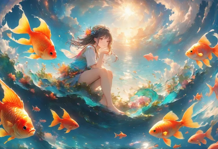 (uhd:1.2, masterpiece:1.1, best quality:1.3, award winning, 8k, high details:1.3), giant goldfish:1.3, giant goldfishに乗って空を飛ぶ中性的...