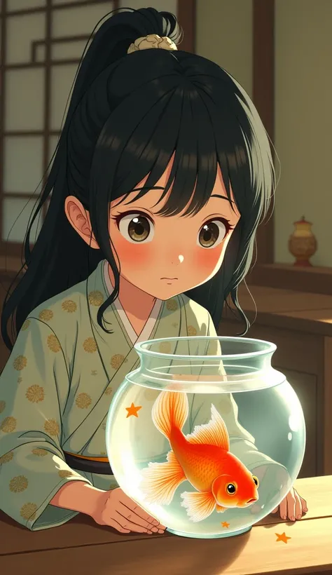 Goldfish, girl watching goldfish in a fishbowl, Japanese animation, Taisho Romance