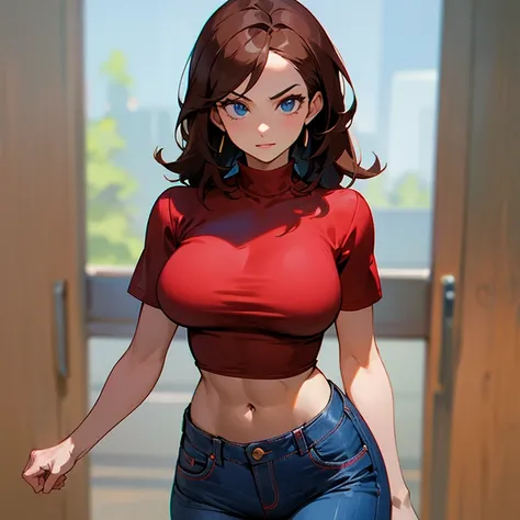 a super fit MILF, red tight shirt, tight Blue jean pant, Brown hair, Blue eyes, fit sexy body, firm breasts, 