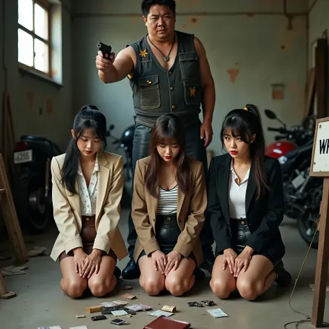 A group consisting of a Korean and Chinese and Vietnamese 90 years old grandmother kneel close together on the floor in a dirty motorcycle workshop.
Their knees are close together.
They look very scared and look submissively at the floor with their heads b...