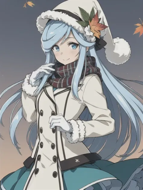 (((Best quality))),((Ultra-detailed)),((illustration)),((Disheveled hair)),((frilld)),(1 girl),(Solo),
1girl, Aqua blue hair, blue eyes, autumn leaves, blush, coat, earrings, flower, fur trim, gloves, hat, leaf, long hair, looking at viewer, maple leaf, sc...