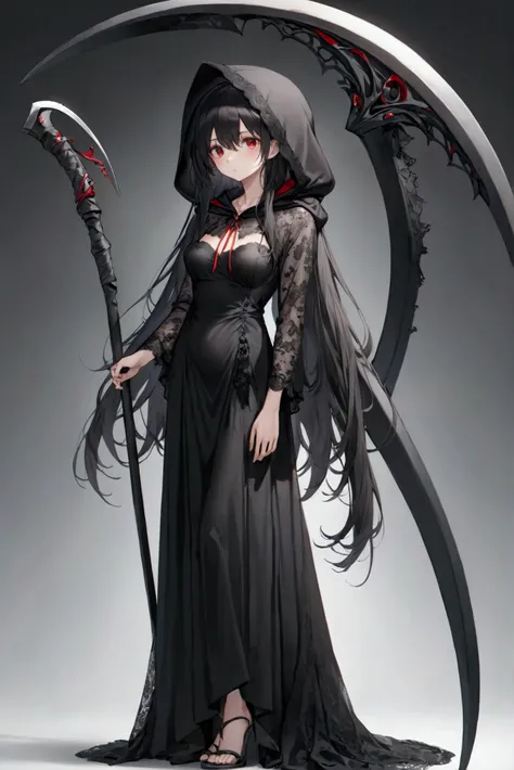 One girl, solo, Long Hair, chest, Black Hair, Red eyes, Anatomically correct, Best Quality, High-resolution model, Ultra high definition, Eyes are symbols, Solemn, Lonely, Expressionless, look up, Wearing a black hood、Black lace dress、Holding a large Grim ...