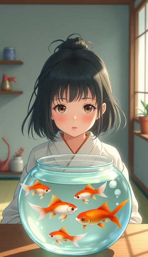 Goldfish, girl gazing at goldfish in a fishbowl, Japanese animatione