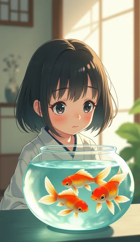 Goldfish, girl gazing at goldfish in a fishbowl, Japanese animatione