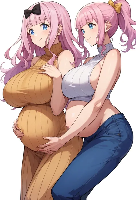 score_9, score_6_up, source_anime, 1girl, Alone,White background, chika, blue eyes, pink hair, hair bow, ,Huge breasts、Long chest、Slim body、smile、White sleeveless high neck ribbed knit、Blue denim pants、The whole body is visible、Standing upright、Pregnant wo...