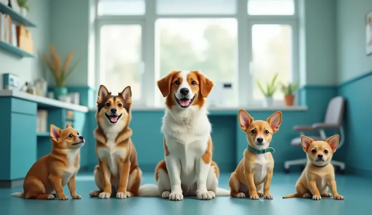 pets in a veterinary clinic, a clean and pleasant office, cinematic style