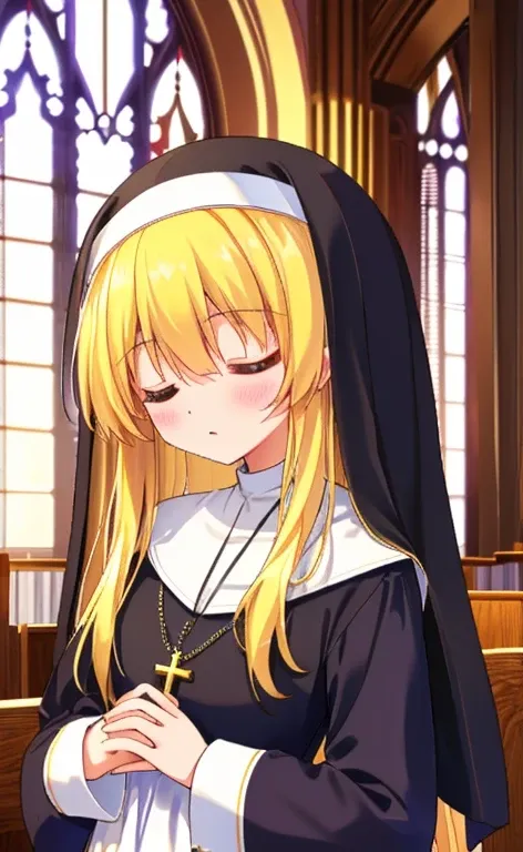 beautiful long blonde girl　close your eyes　long sleeve, nuns, habit, nuns, habit, dress,  long dress, catholic;　church　offer a p...