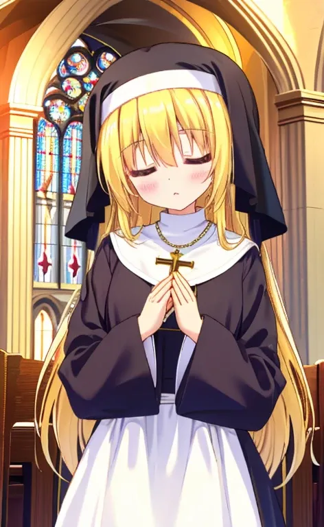 beautiful long blonde girl　close your eyes　long sleeve, nuns, habit, nuns, habit, dress,  long dress, catholic;　church　offer a p...