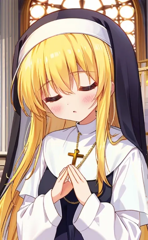 beautiful long blonde girl　close your eyes　long sleeve, nuns, habit, nuns, habit, dress,  long dress, catholic;　church　offer a p...