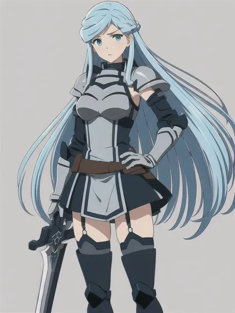 (((Best quality))),((Ultra-detailed)),((illustration)),((Disheveled hair)),((frilld)),(1 girl),(Solo),
1girl,Aqua blue hair,blue eyes,armor,bangs,boots,braid,breastplate,detached sleeves,full body,garter straps,gloves,hand on hip,holding,holding weapon,lon...