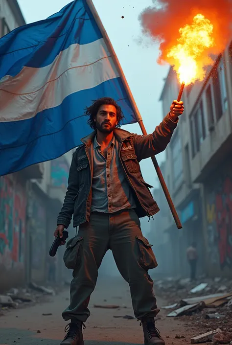 A hooligan with a flag and a flare in blue and white