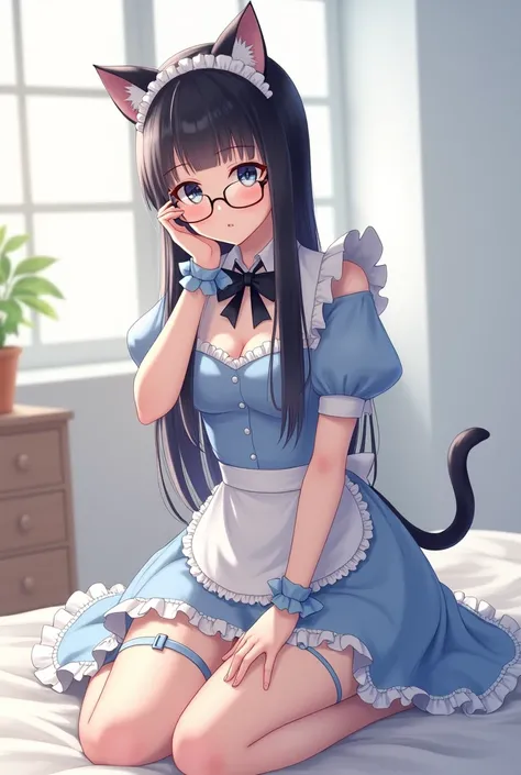 "A young woman in a maid-style costume with a blue dress and white apron kneels on a bed in a brightly lit room. She has long, straight black hair and wears a headband with cat ears , and shes wearing a pair of eye glasses. The costume includes delicate la...