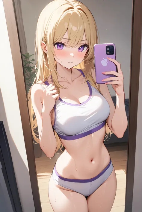 (masterpiece of the highest quality:1.5), High resolution, 8k, Beautiful details,1 cute girl, blond Hair, Purple eyes, Medium chest, Take a selfie in front of a full-length mirror, Crop top, nsfw, sexy, Sweaty skin, 