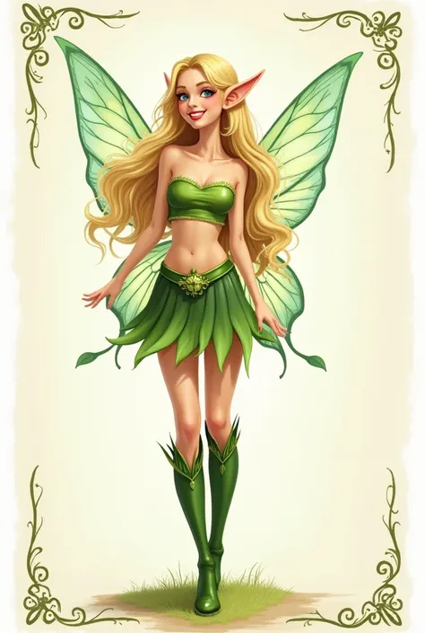 A frame of message card with illustration of a Simplified Fairy Elf, Super realistic illustration, smile, long blonde hair, Azure eyes. green tube top, green mini skirt, green short boots