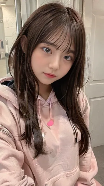 High school student uniform and hoodie girl long hair, Brown Hair, 
Pink eyes, 