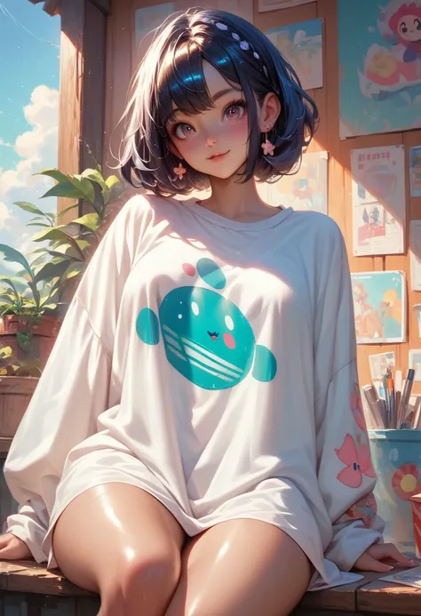 masterpiece,ultra-detailed,best quality,8K,illustration,cute face,clean skin ,shiny hair,girl,ultra-detailed-eyes,summer background, oversized shirt,thighs
