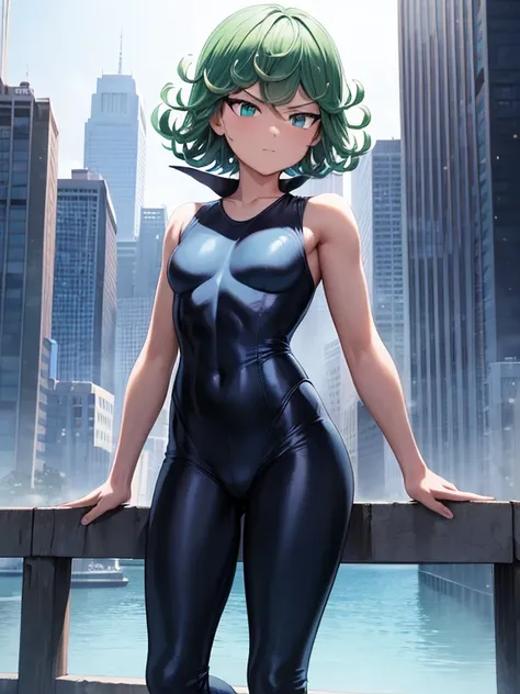 Masterpiece, best quality, ultra detailed, illustration, lighting epic, cinematic composition, 1 girl, Tatsumaki, short hair, green hair, very small breasts, green eyes, bright eyes, smiling, blushing, closed mouth, piercing gaze, full body, Black Collar, ...