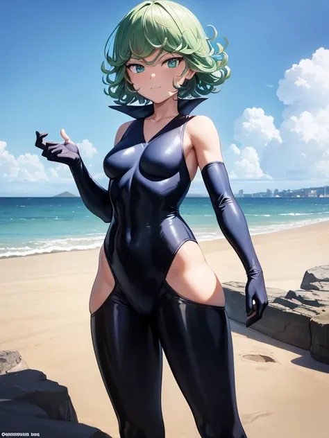 Masterpiece, best quality, ultra detailed, illustration, lighting epic, cinematic composition, 1 girl, Tatsumaki, short hair, green hair, very small breasts, green eyes, bright eyes, smiling, blushing, closed mouth, piercing gaze, full body, Black Collar, ...