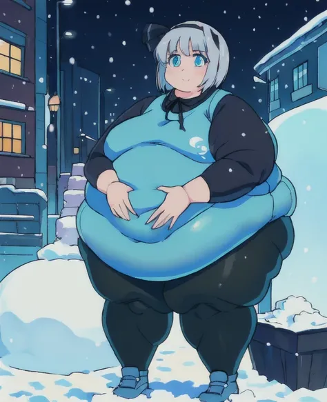 ((best quality, 4k, 8k, anime girl, masterpiece)), ((((beautiful extremely detailed face, beautiful eyes)))), glowing eyes, cinematic lighting, perfect anatomy, ((youmu konpaku)), (((chubby, SSBBW, very obese, extremely wide waist))), (((competition swimsu...