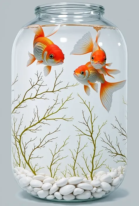 there are three goldfishs swimming in a bowl of white Pebble, floating goldfish, goldfish, Goldfish algae、Require, Beautiful composition, Pebble, Sharp details, white stones, acrylic art, floating Require fish, Swimming fish, Floating Fish, Background Fish...