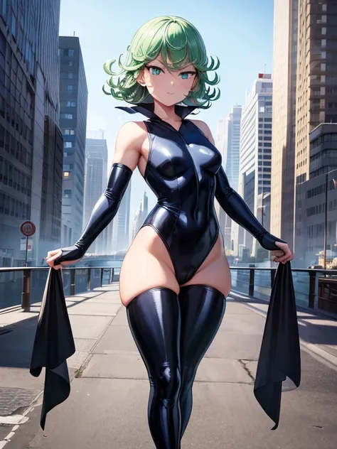 Masterpiece, best quality, ultra detailed, illustration, lighting epic, cinematic composition, 1 girl, Tatsumaki, short hair, green hair, very small breasts, green eyes, bright eyes, smiling, blushing, closed mouth, piercing gaze, full body, Black Collar, ...