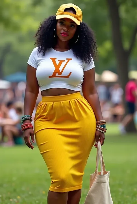 A curvaceous Black woman in a fitted, bright yellow pleated midi skirt and a snug white graphic LV tee, paired with casual slip-on shoes and a canvas tote bag. She accessorizes with colorful bracelets and a baseball cap worn backward. Her hair is styled in...