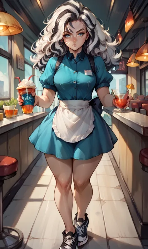 human female, long fluffy hair, zebra hair, medium breasts, attractive, (waitress uniform, black sneakers), shapely body, big thighs, big, freckles, freckles on face, blue eyes, (serious expression), she is in a restaurant, holding a tray of drinks, (front...