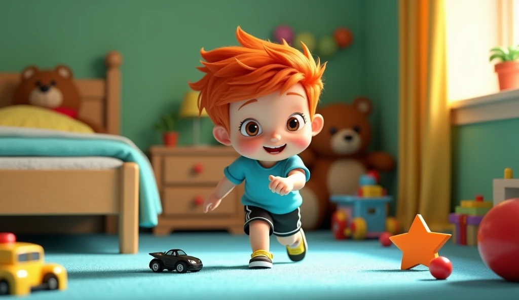 "A Pixar-style 3D animation we see Bento, a little red-haired boy with brown eyes, and Bento wears a blue blouse, black shorts and yellow sneakers; he plays with an orange star and runs on the blue carpet with his black car. Bento, he is vibrant and lively...