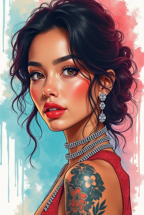 beautiful mixed asian woman, full lips, Pretty Face, wearing flashy diamond Chains, chill vibe, Avant-garde, Ultra-detailed tattoo on arm, Fantasy Art, Wallop Art, Intense watercolor, Watercolor Art, Watercolor splash, Avant-garde, rich and colorful, Surre...