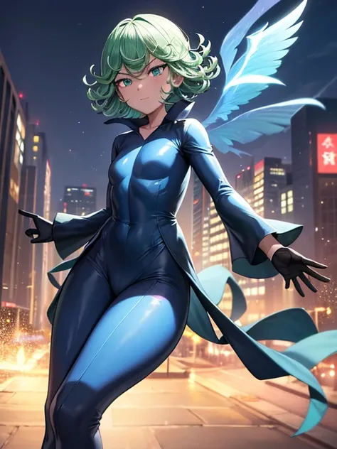 Masterpiece, best quality, ultra detailed, illustration, lighting epic, cinematic composition, 1 girl, Tatsumaki, short hair, green hair, very small breasts, green eyes, bright eyes, smiling, blushing, closed mouth, piercing gaze, full body, tall, thin, bl...