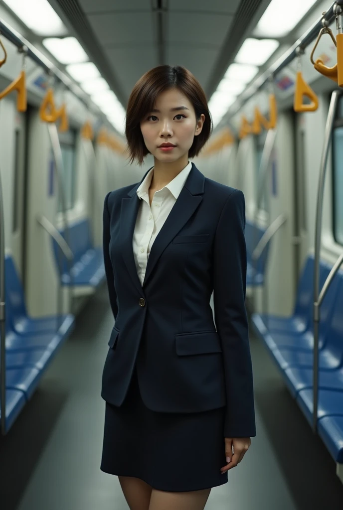 1 woman, japani, standing in train, short hair, office suit, short skirt