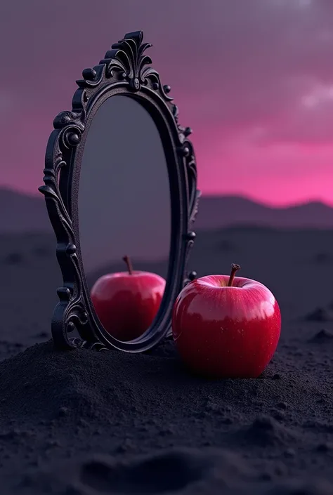 A strange red apple present beside a mirror in the middle of ink desert, purple sky