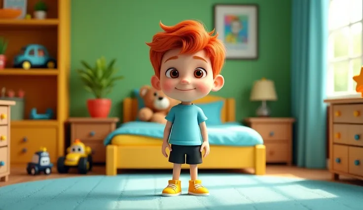 "A Pixar-style 3D animation we see Bento, a little red-haired boy with brown eyes, and Bento wears a blue blouse, black shorts and yellow sneakers; he is standing in the center of his room, smiling. and Bentos room is vibrant and lively
blue and colorful, ...