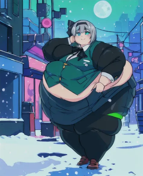 ((best quality, 4k, 8k, anime girl, masterpiece)), ((((beautiful extremely detailed face, beautiful eyes)))), glowing eyes, cinematic lighting, perfect anatomy, ((youmu konpaku)), (((chubby, SSBBW, very obese, extremely wide waist))), (((green vest, blazer...