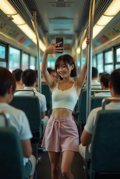 On a bus, Thai girl with short skirt takes a photo of her