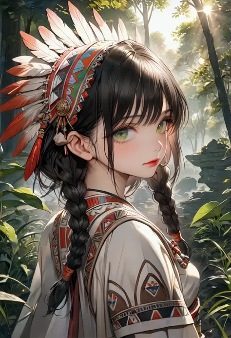 (((absurdres, highres, ultra detailed, HDR, master piece, best quality, extremely detailed, delicated features, noise removal))), 1 woman, Age 15 years, medium hair, parted bangs, sidelocks, twin braids Hair, black hair, lawn green colored eyes, unsmiling,...