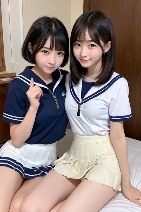 Anatomically correct body，Accurate Arm，Accurate feet，Accurate Fingers，Ultra-realistic photos，A girl who actually exists，Japanese，Actual clear photo of two junior high school girls, A head-to-toe photo of two people，The two are childhood friends，Beautiful g...