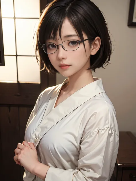 8k,Best Quality,(masterpiece:1.2),(Realistic),(Realistic:1.37),Ultra-high resolution,1 Japanese woman, age 35,Married Woman、Droopy eyes,Beautiful teeth alignment,Wear rimless glasses、Black short bob hair、 Looking down from above,Well-formed fingers,Shinjuk...