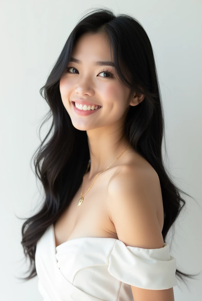 ((masterpiece))((Real photo full body portrait))((8K HD) )A person with a very comfortable smile.Exquisite facial features.Beautiful.A head of long black and straight hair.Beautiful young woman in white dress.