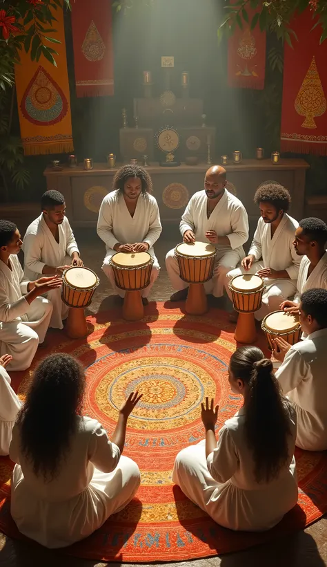 Create an image of musicians in an Umbanda terreiro playing drums and drums with their hands. Everyone is wearing white clothes