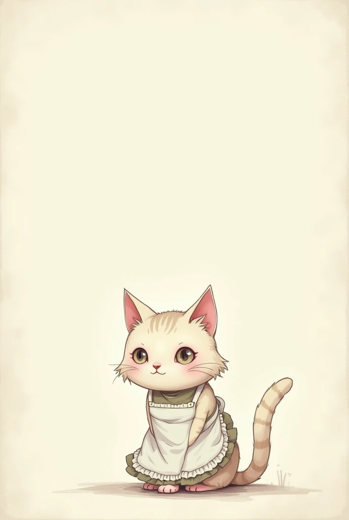 A frame of message card with illustration of a Deformed anthropomorphic female white cat wearing an apron in the bottom