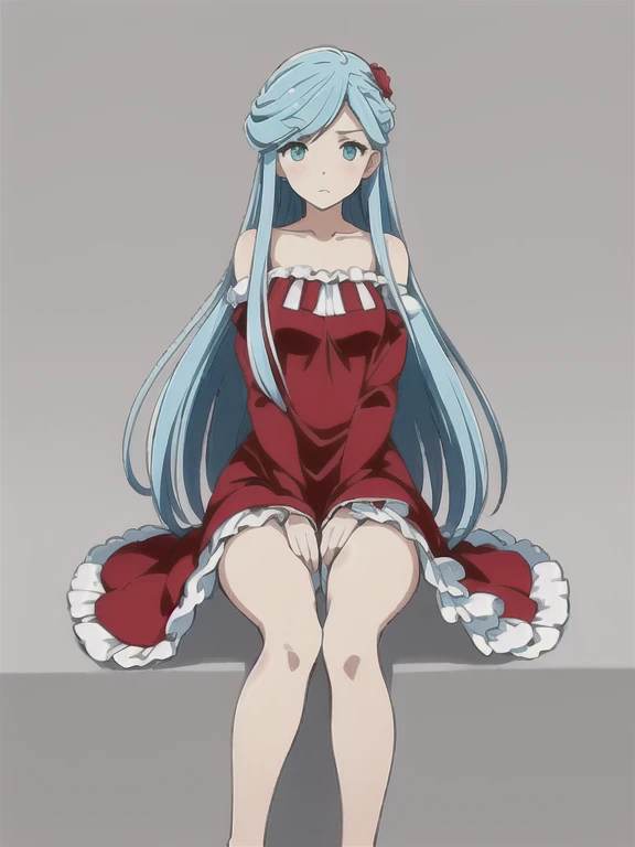 (((Best quality))),((Ultra-detailed)),((illustration)),((Disheveled hair)),((frilld)),(1 girl),(Solo),
1girl, Aqua blue hair, blue eyes, red dress,long dress,bare feet,feet,sitting,crossed legs,Rating:safe,