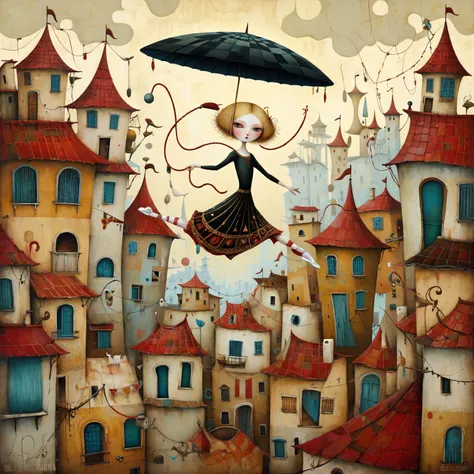 In the foreground, depict a girl balancing with an umbrella, standing in an acrobatic pose on a rope stretched between the roofs of houses. She has an iconic face, golden twisted hair, a black hat on her head, she is wearing a circus crimson dress and whit...