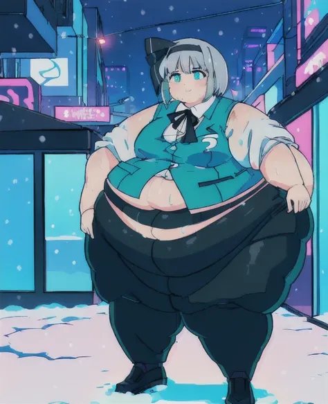 ((best quality, 4k, 8k, anime girl, masterpiece)), ((((beautiful extremely detailed face, beautiful eyes)))), glowing eyes, cinematic lighting, perfect anatomy, ((youmu konpaku)), (((chubby, SSBBW, very obese, extremely wide waist))), (((green vest, blazer...