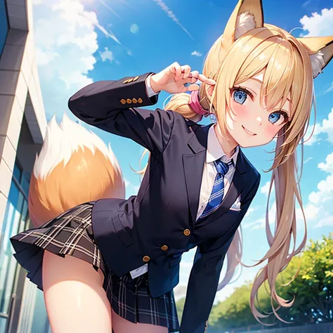 (High school girl with fox ears and a fox tail:1.1)、(Alone)、Long blonde hair、(Low ponytail:1.3)、smile、Very small breasts、blazer、Normal necktie、black plaid mini skirt、Clear blue sky、claw pose、leaning forward、from below、from front、looking up